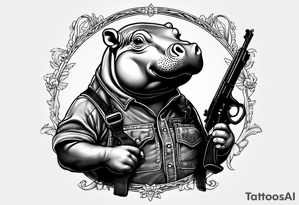Baby hippo wearing overalls and holding a pistol tattoo idea