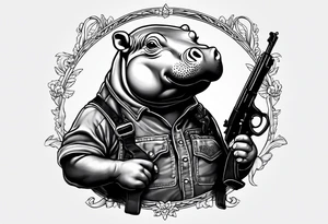 Baby hippo wearing overalls and holding a pistol tattoo idea