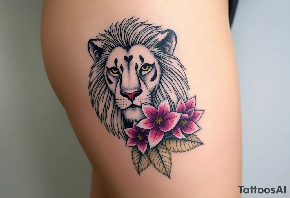 Lion with larkspur and water lilies tattoo idea