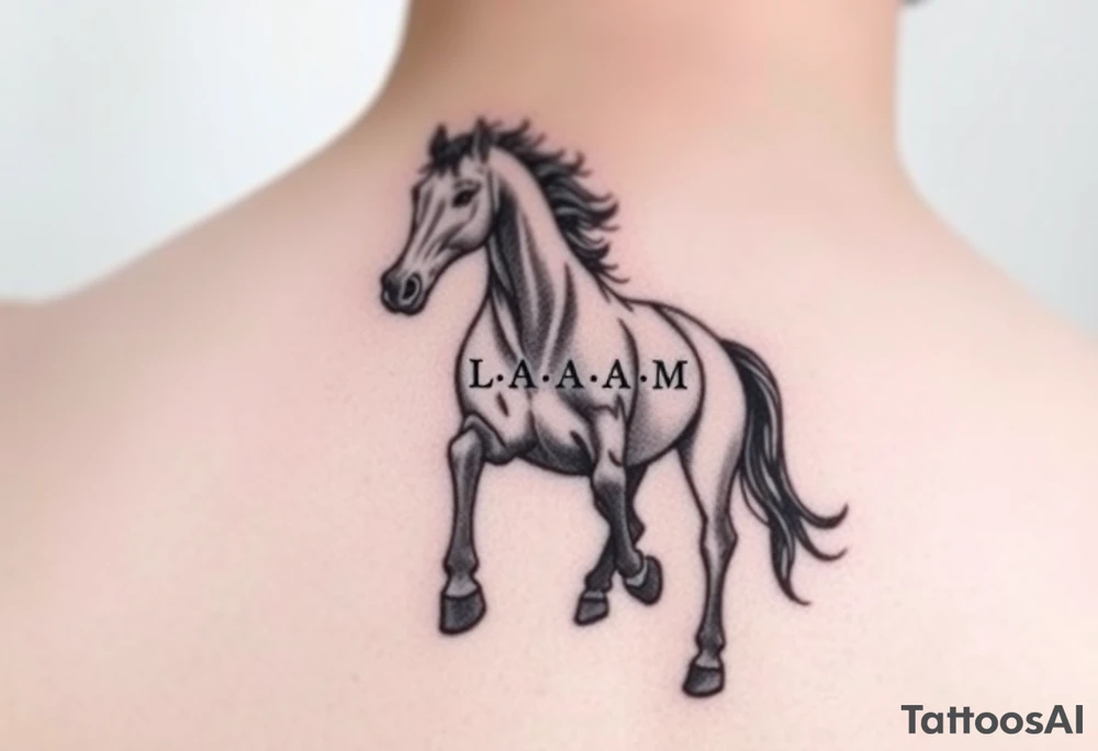 horse silhouette 
from the front which gallops from the front, with the 3 small letters discreetly integrated: L, A, M tattoo idea