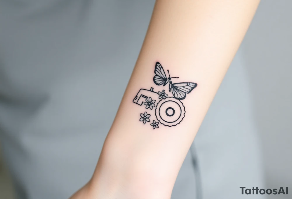 A small feminine tractor with 2 flowers on it and butterfly tattoo idea