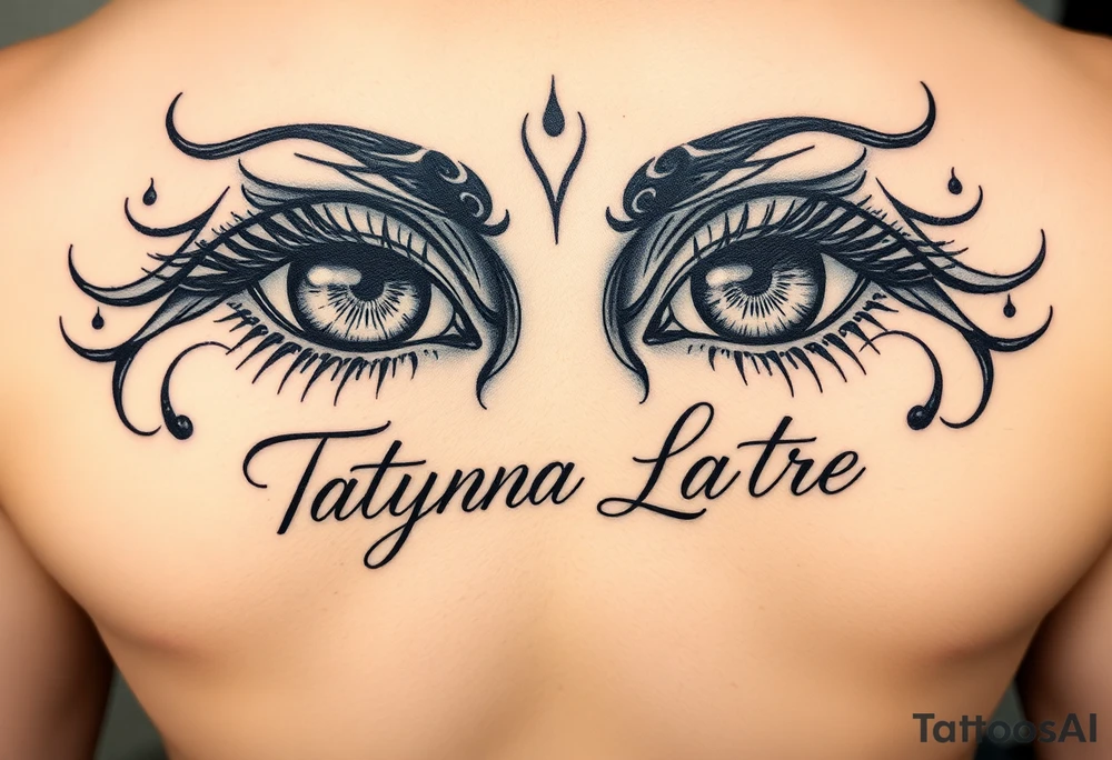 Draw a tattoo of eyes with Tatyana Latre written in fine print script tattoo idea