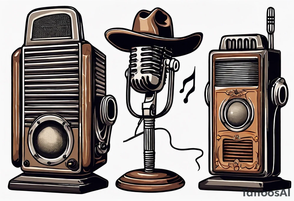 Old school radio and microphone with a cowboy hat on top. tattoo idea