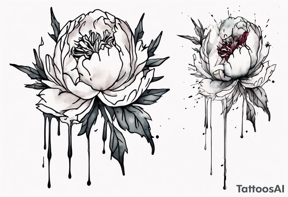 a watercolor peony that is dripping bleeding with thorns, simple, tall, one line tattoo idea