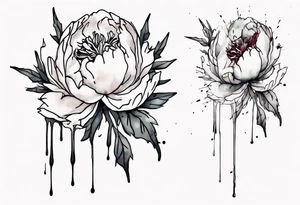 a watercolor peony that is dripping bleeding with thorns, simple, tall, one line tattoo idea