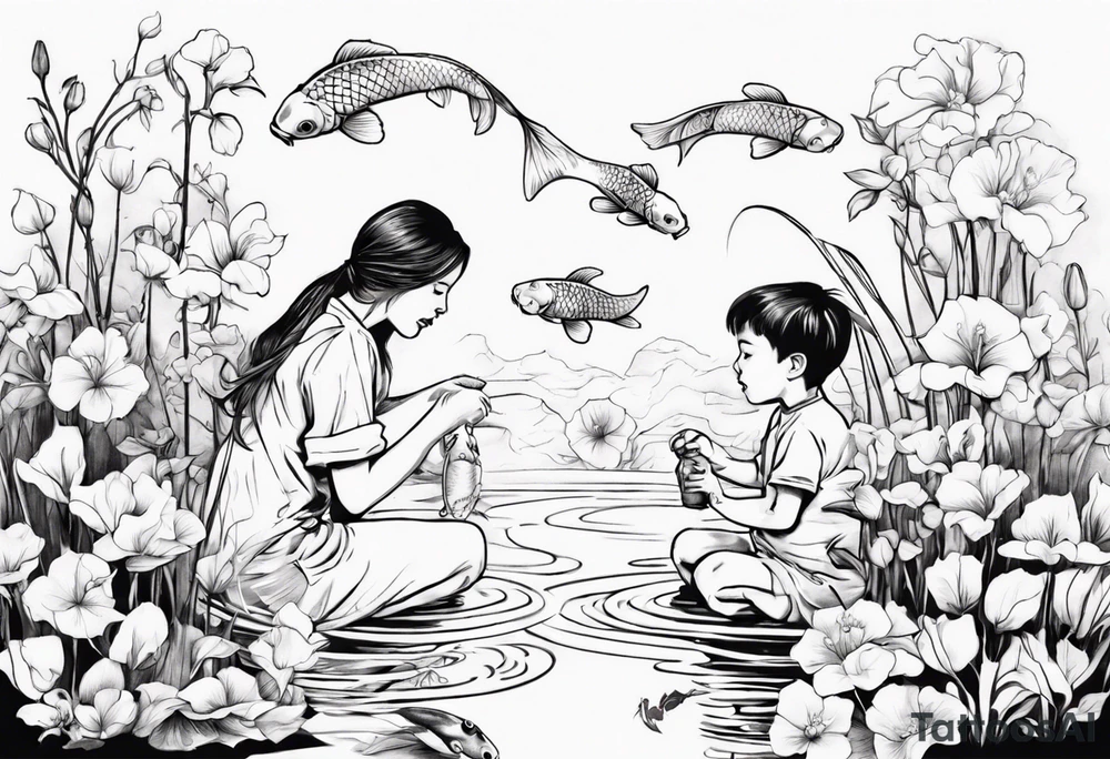 woman and little boy, watering sweet pea flowers, surrounding a pond with 2 koi fish swimming tattoo idea