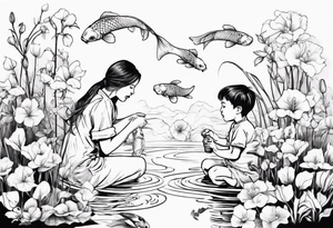 woman and little boy, watering sweet pea flowers, surrounding a pond with 2 koi fish swimming tattoo idea