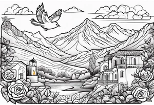 create Mediterranean climate with mountain in the background, add an oak tree, rose bush, dove with olive leaf, singing nightingale, lantern with a lit candle. tattoo idea