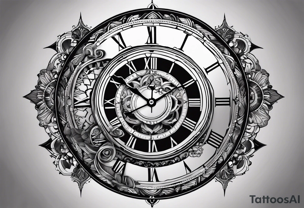 Une horloge mécanique avec sa chaîne enroulée autour d’un sablier en noir et gris sur l’avant-bras. À adopter ! tattoo idea