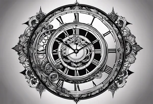 Une horloge mécanique avec sa chaîne enroulée autour d’un sablier en noir et gris sur l’avant-bras. À adopter ! tattoo idea