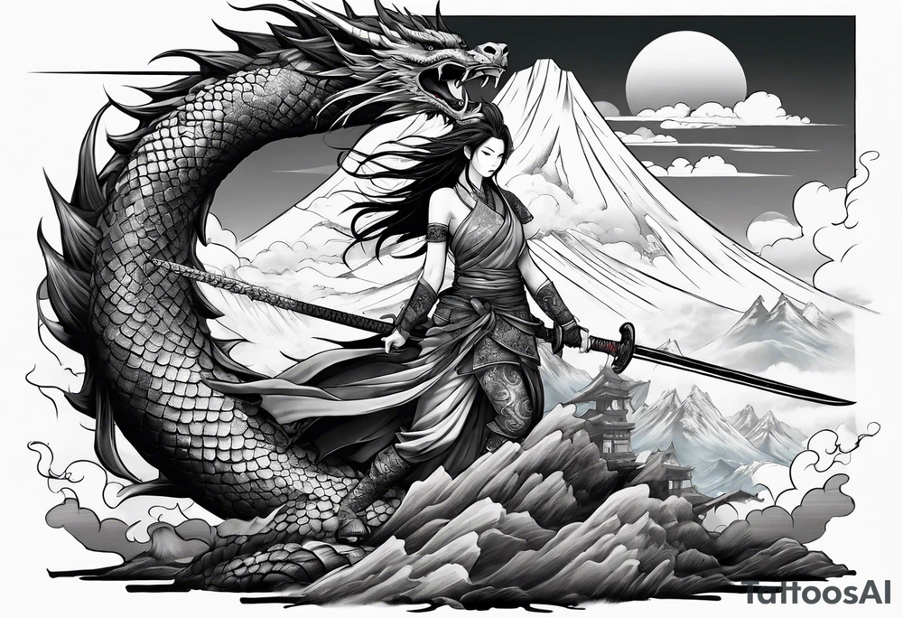 warrior nymph full body with sword and a full dragon with a mountain with cloud and Japanese building background tattoo idea