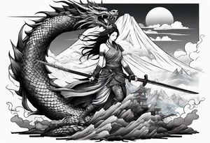 warrior nymph full body with sword and a full dragon with a mountain with cloud and Japanese building background tattoo idea