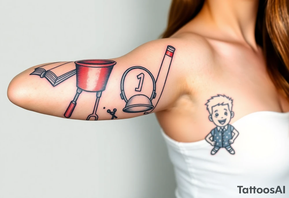 Childhood memories of a book, a bucket and spade, a football, a cricket bat, a cartoon of Dennis the Menace from the Beano comic, and the American Idiot symbol tattoo idea