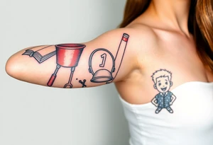 Childhood memories of a book, a bucket and spade, a football, a cricket bat, a cartoon of Dennis the Menace from the Beano comic, and the American Idiot symbol tattoo idea
