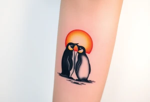 Penguins cuddling looking at a sunset tattoo idea