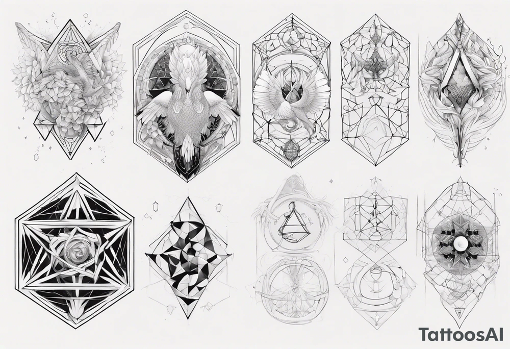 Sleeve for woman's arm sacred geometry Metatron's cube with phoenix tattoo idea Sleeve for woman's arm sacred geometry Metatron's cube with phoenix tattoo idea