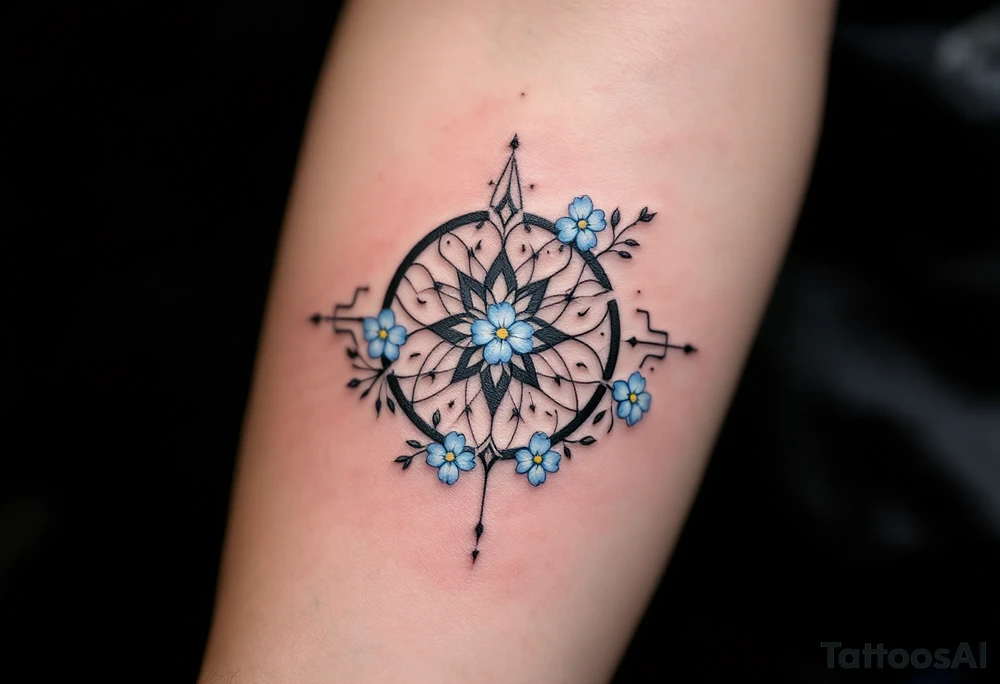 Subtle 23.03.1993 in fine black linework, wrapped in pastel blue forget-me-nots. tattoo idea