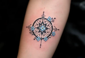 Subtle 23.03.1993 in fine black linework, wrapped in pastel blue forget-me-nots. tattoo idea