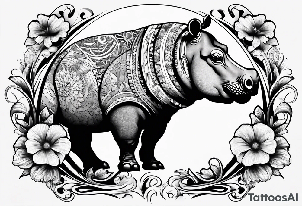 Hippo, flowers, moon, interstella, artic surreal,
Extreme fine lines, tribal, geometric, japanese, artistic tattoo idea