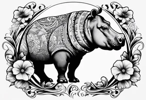 Hippo, flowers, moon, interstella, artic surreal, 
Extreme fine lines, tribal, geometric, japanese, artistic tattoo idea