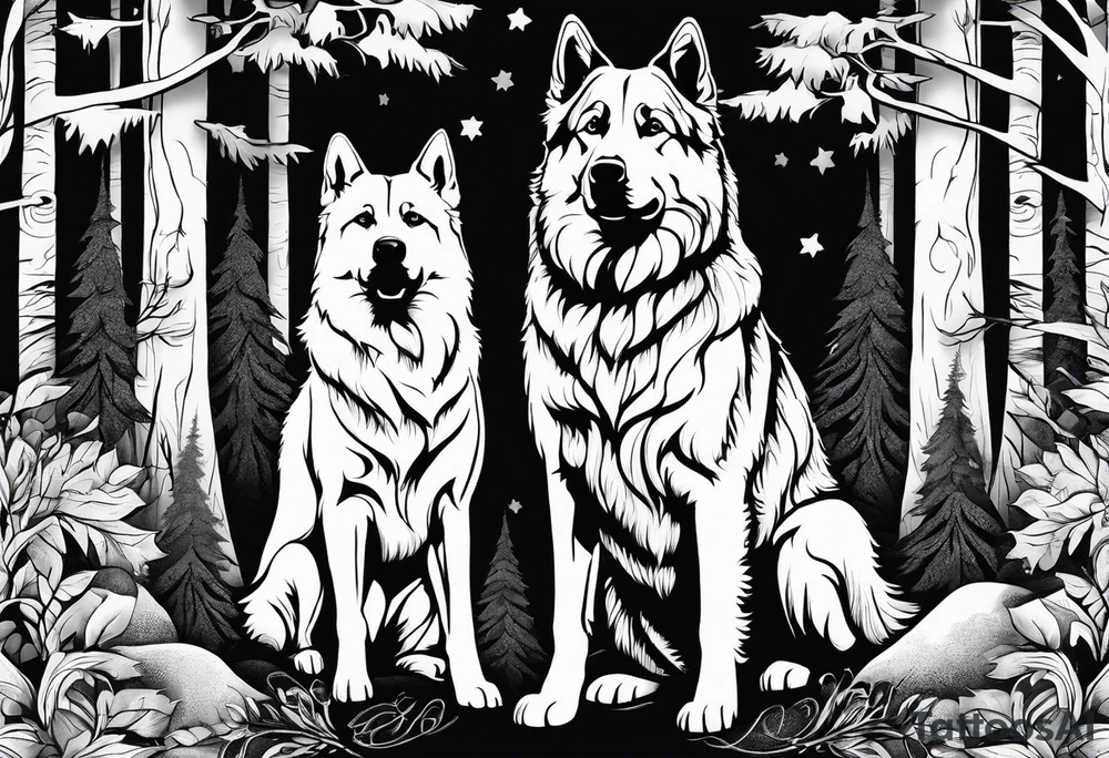 two norwegian elkhounds guarding a dark forest tattoo idea
