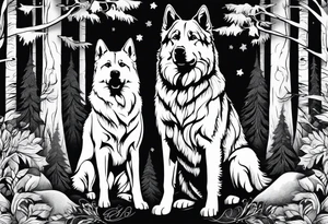 two norwegian elkhounds guarding a dark forest tattoo idea