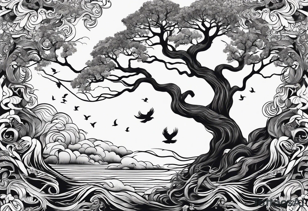 calm oak tree with phoenix and roots and waves and three birds tattoo idea