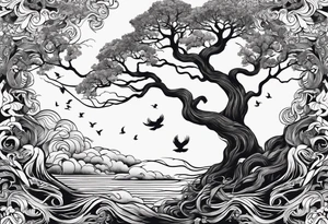 calm oak tree with phoenix and roots and waves and three birds tattoo idea