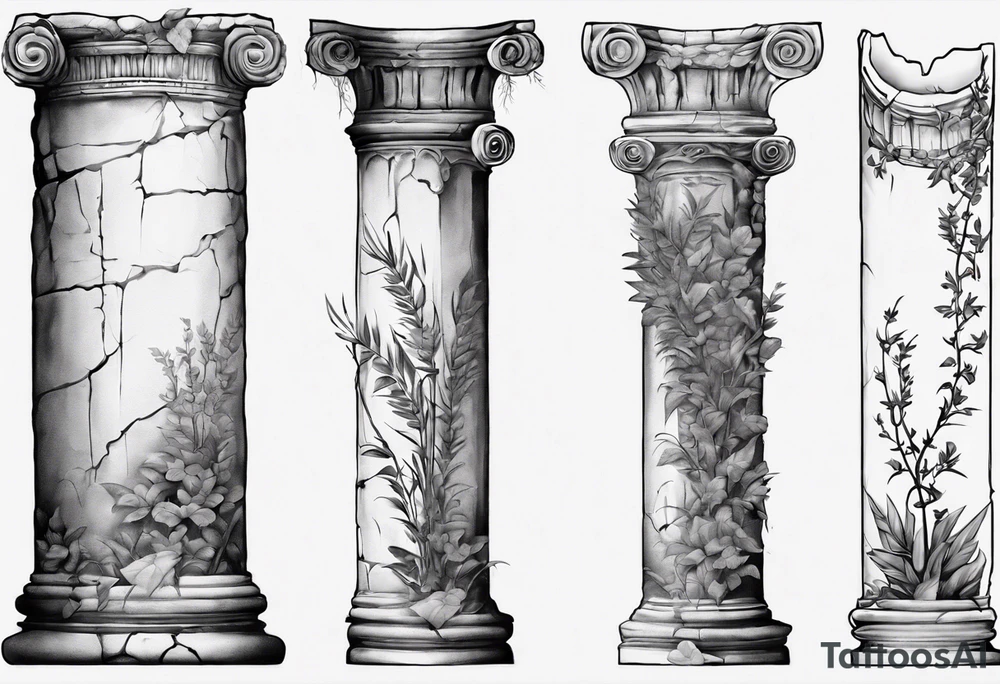 Ancient roman pillar in the Ionian style. It has cracks on it, and on the lower half some overgrown plants. 

The top part of the pillar has broken off, to the right side of the pillar, and has the word "OMNIA" inscribed on it. tattoo idea