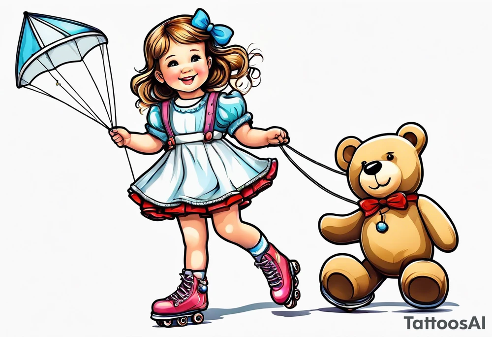 a little girl in a dress standing with a teddy bear in roller skates, flying a kite tattoo idea