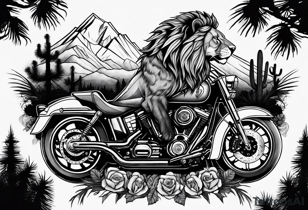 Full arm tattoo that insides:
Arizona flag 
Lion
Street glide Harley motorcycle 
Winding rode with cactus on one side and pine trees on the other 
Mountain 
Vanitas tattoo idea