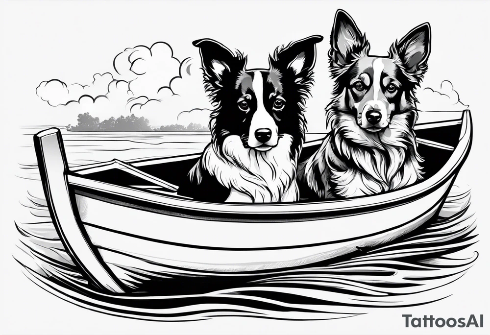 two dogs in a boat. One dog is tan with big ears like a chihuahua. The other dog is black and white and looks like an australian shepherd with floppy ears tattoo idea
