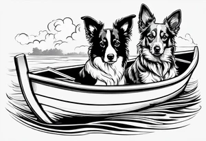 two dogs in a boat. One dog is tan with big ears like a chihuahua. The other dog is black and white and looks like an australian shepherd with floppy ears tattoo idea