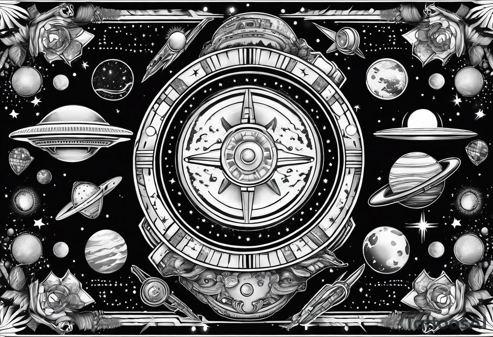 space themed arm sleeve with aliens ufos airplanes and rockets tattoo idea