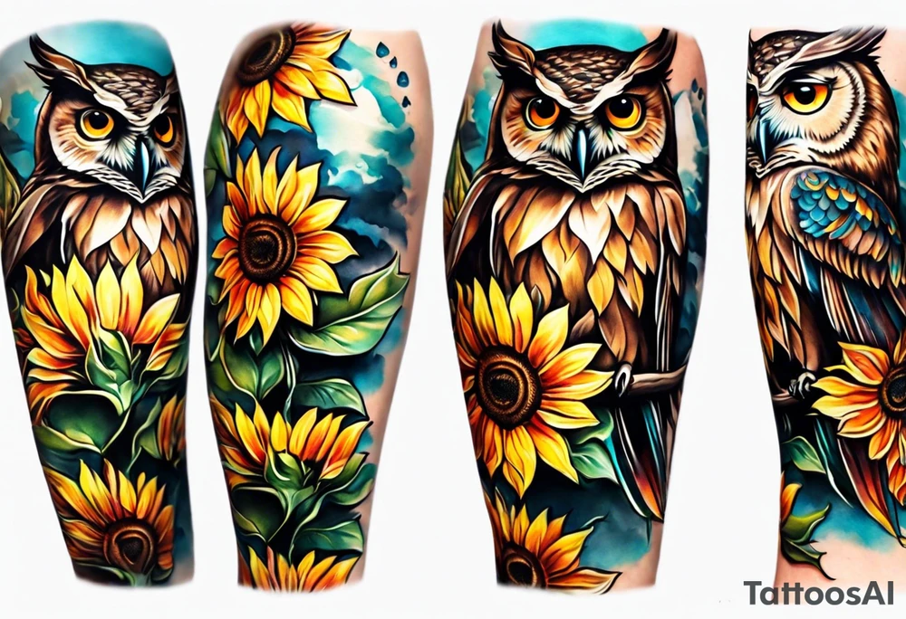 Leg sleeve with colorful sunflowers and an owl tattoo idea