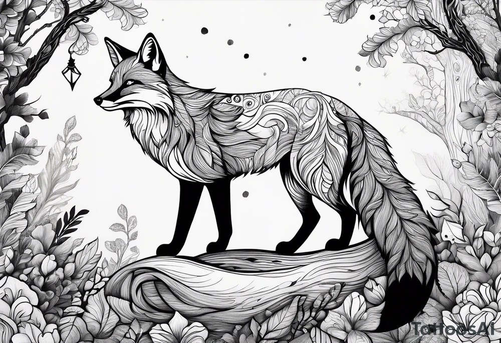 A playful fox with a bushy tail, set in a lush forest, illustrating cleverness and adaptability.” tattoo idea