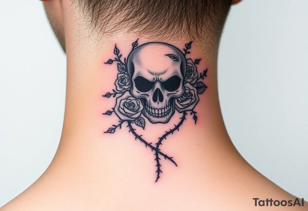 gothic skull intertwined with climbing roses and thorny vines tattoo idea