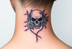 gothic skull intertwined with climbing roses and thorny vines tattoo idea