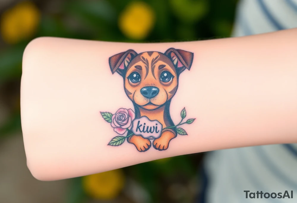 Cute female  hound dog mix Brindle dog with the name kiwi . And a tiny rose around her . With her ears pointy a little big tattoo idea