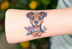 Cute female  hound dog mix Brindle dog with the name kiwi . And a tiny rose around her . With her ears pointy a little big tattoo idea