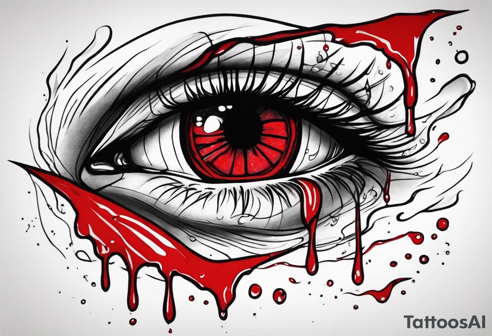 Bleeding tear flows to down from red eye sleeve tattoo design tattoo idea