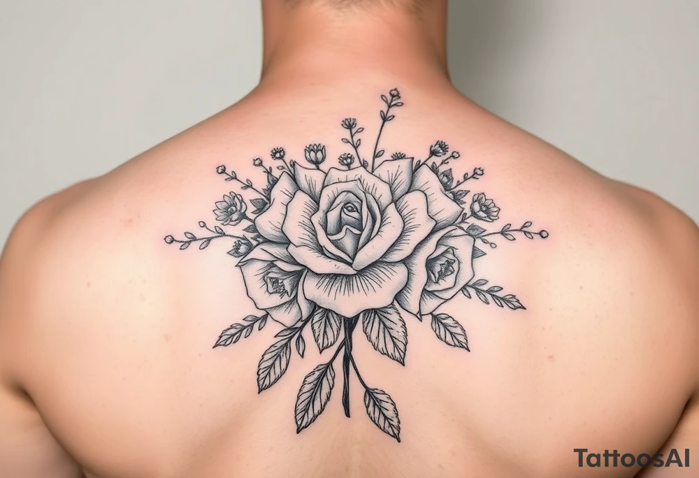 vintage bouquet of wild roses and meadow flowers with morning dew tattoo idea