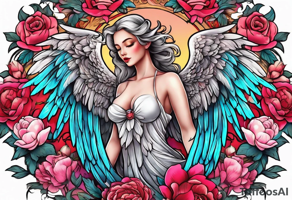 beautiful angel wings with floral peonies, roses, neon, brightly colored. highly detailed, tattoo idea
