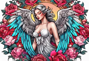 beautiful angel wings with floral peonies, roses, neon, brightly colored. highly detailed, tattoo idea