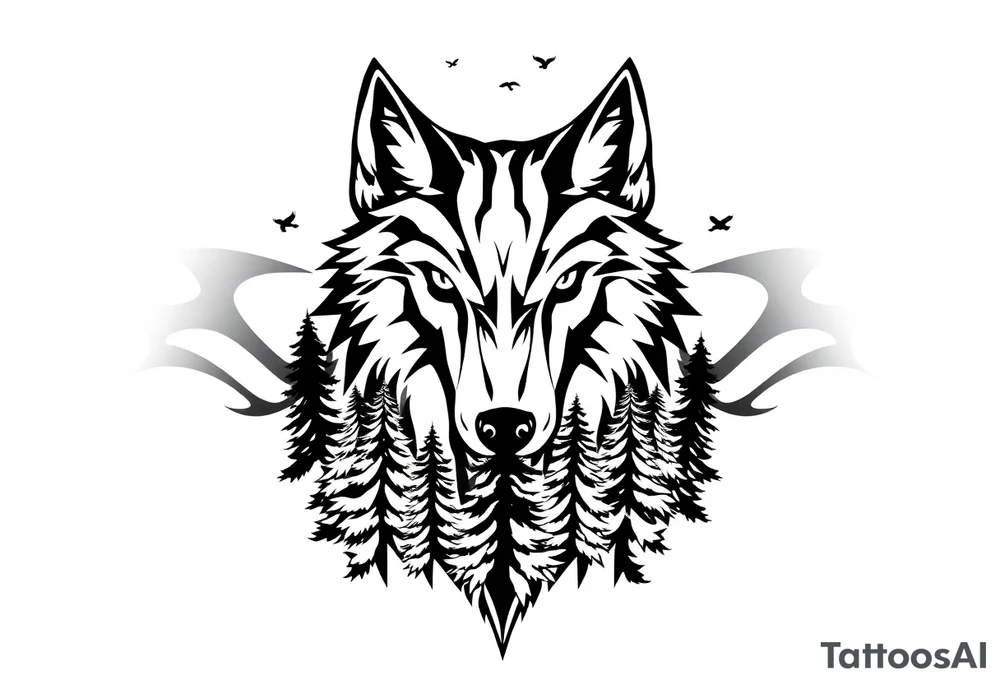 Wolf head surrounded by large pine trees growing from black ground and small ravens flying overhead tattoo idea