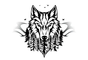 Wolf head surrounded by large pine trees growing from black ground and small ravens flying overhead tattoo idea