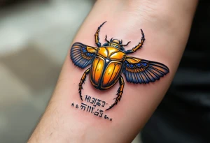 A golden scarab beetle with sapphire wings and black hieroglyphic inscriptions beneath. tattoo idea