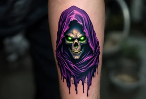 The Reaper’s tattered purple cloak flows behind him as his glowing green eyes pierce the darkness. tattoo idea