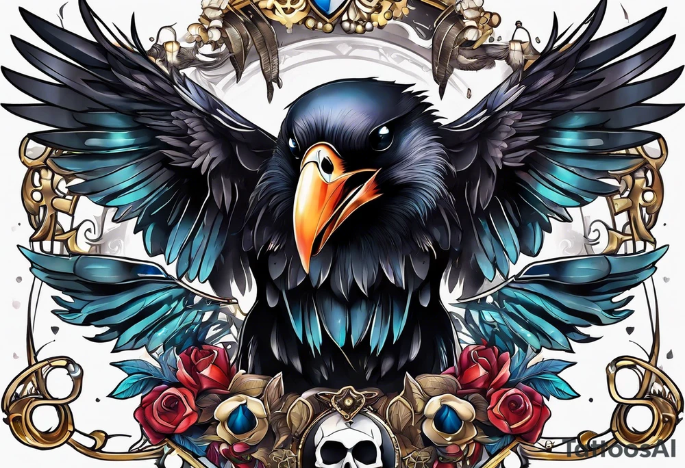 Crow with skull and shiny trinkets tattoo idea