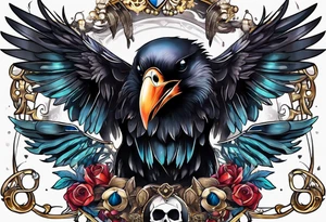 Crow with skull and shiny trinkets tattoo idea